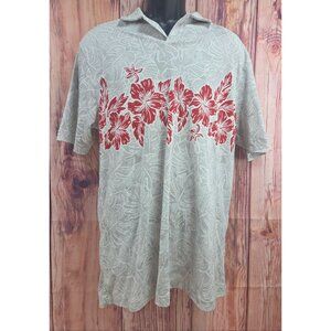 Caribbean Supima Large Hawaiian Shirt With Red Floral Print & Gray Leaf Pattern